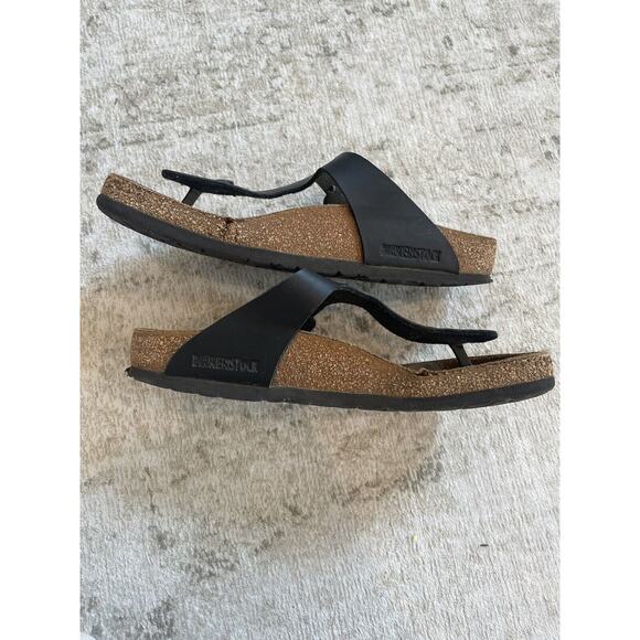 Birkenstock Size 39 Gizeh Birko Flor Sandals Black Leather Buckle Preloved - Picture 11 of 11